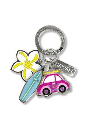 3-Charm Surf Set Keychain/Fob- Surf Board, Hibiscus and Surf Car