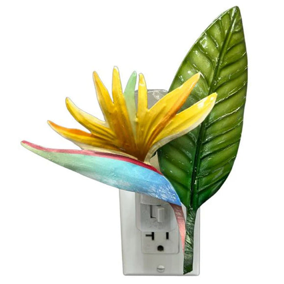 Bird of Paradise Capiz and Metal Night Light plugged into outlet