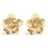 14K Small Gold Plumeria Earrings with Diamond or Cubic Zirconia Centers