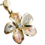 Tri-color 14K Gold Plumeria Pendant with Diamond or Cubic Zirconia