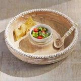 Mudpie Beaded Mango Wood Chip and Dip Bowl Set shown with chips and fresh salsa.