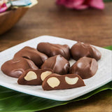 Hawaiian Host "AlohaMacs" Chocolate Macadamia Nuts, 2-Pieces on a white candy dish.