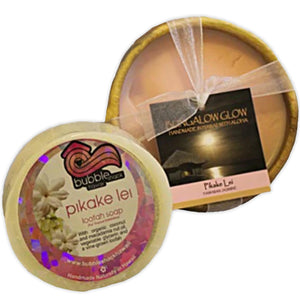 Bubble Shack "Pikake Lei" Loofah Soap & Bungalow Glow Coconut Shell Candle Set