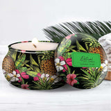 Bamboo Island "Hawaiian Jungle" Scented Candle in Keepsake Tin with lid removed and burning.