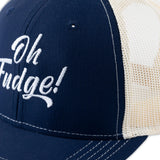 “Oh Fudge!” Mesh Ball Cap- Navy and Natural- Closeup View