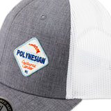 Close up of Amp'd "Polynesian Cultural Center" Diamond Patch Ball Cap- Gray & White