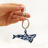 Del-Sol-Color-changing-Metal-Whale-Keychain-Blue dangling from a model's hand.