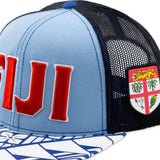 Closeup of Flat Visor "Fiji" Ball Cap- Light Blue