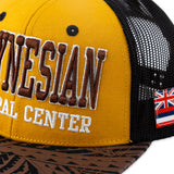 Close up of Flat Visor "Polynesian Cultural Center" Ball Cap- Yellow and Black