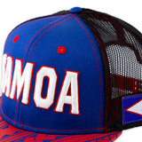 Flat Visor Samoa Ball Cap with Mesh Back- Royal and Red- Closeup