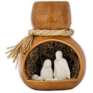 Hawaiian ceramic Ipu Nativity Set displaying Mary, Joseph and Baby Jesus