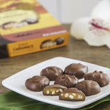 Hawaiian Host "Maui Caramacs" Milk Chocolate & Caramel Macadamia Nuts on a white candy dish