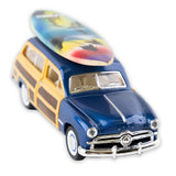 Vintage Hawaiian Woody Station Wagon with Surf Board from the front view.