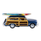 Vintage Hawaiian Woody Station Wagon with Surf Board view from the right side.