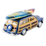 Vintage Hawaiian Woody Station Wagon with Surf Board- view from the rear.