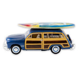 Vintage Hawaiian Woody Station Wagon with Surf Board view from the left side.