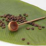 Rustic Hawaiian Acacia Wood Coffee Scoop with scattered coffee beans