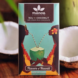 Manoa "Niu Coconut" 60% Vegan Milk Chocolate, 2.1-Ounce Bar with a coconut cut in half.