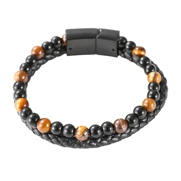 Mad Man Lava & Leather Men's Bracelet- Brown showing leather and beaded detail along with clasp