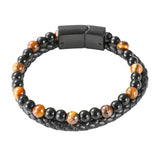 Mad Man Lava & Leather Men's Bracelet- Brown showing leather and beaded detail along with clasp