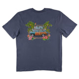 Pacific Creations "Vintage Woody" Mens Tee Shirt showing large woody station wagon with island foliage 