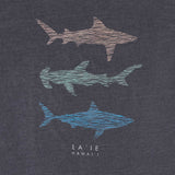 Pacific Creations "Shark Stack" Mens Tee-Shirt-closeup of 3 sharks stacked on on top of the other with the words "La'ie Hawaii".