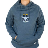 Model wearing Coastal Creations Mens Dusty Blue "Volkswagen Bus" Hoodie