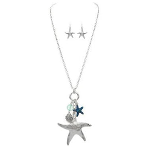 Silver Starfish Dangle Charm Necklace and Earrings Set 