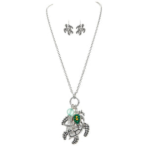 Rain Jewelry Silver Blue Bead Turtle Necklace and Earrings Set 