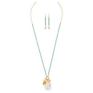 Gold & Green Bead with White Marble Pendant Necklace and Earrings Set 