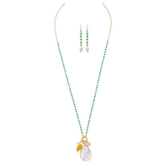 Gold & Green Bead with White Marble Pendant Necklace and Earrings Set 