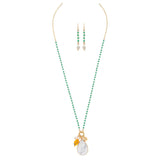 Gold & Green Bead with White Marble Pendant Necklace and Earrings Set 