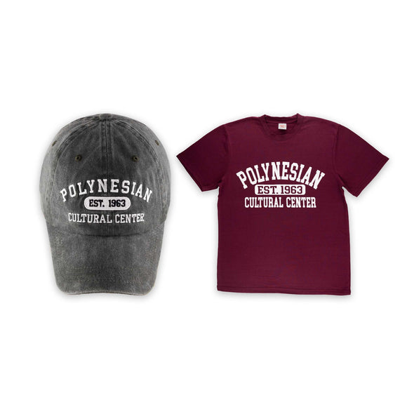 “Polynesian Cultural Center Est. 1963” Light Gray/Hunter Green Cap & Maroon T-Shirt Set - The Hawaii Store