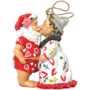 "Santa Kissing Mrs. Santa" Hand-painted Hawaiian Christmas Ornament