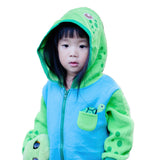 Small girl wearing Doodle Pants Kid's Turtle Hoodie with Backpack- Green & Blue