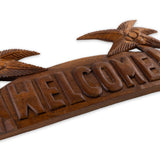 Hand Carved  Hardwood "Welcome" Coconut Palm Sign- 16'' Lying Down