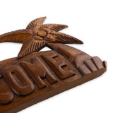 Hand Carved  Hardwood "Welcome" Coconut Palm Sign- 16'' showing detail on Palm Tree'