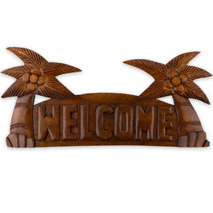 Hand Carved  Hardwood "Welcome" Coconut Palm Sign- 16''