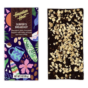 Hawaiian Host "Surfer's Breakfast" Dark Chocolate Bar in package and out showing bits of granola