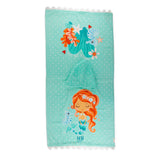 Earth Nymph Aqua "Under the Sea Mermaid" Towel Cape laying flat showing mermaid images and attached hood.- 