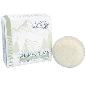 Luxiny Tea Tree Mint Camping Shampoo Bar with and without packaging