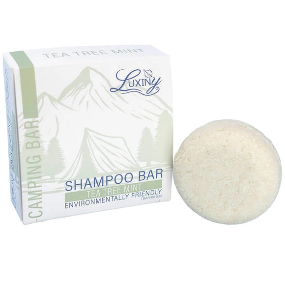 Luxiny Tea Tree Mint Camping Shampoo Bar with and without packaging