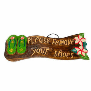 "Please Remove Your Shoes" Painted Plumeria & Flip Flops Sign-  16" x 5"