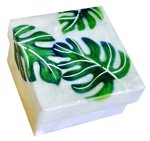 Kubla Crafts "Tropical Leaves" Capiz Shell Keepsake Box- 3"x3"