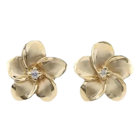 14K Gold Plumeria Earrings with Diamond or Cubic Zirconia Accents