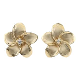 14K Gold Plumeria Earrings with Diamond or Cubic Zirconia Accents