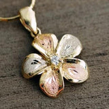 Tri-color 14K Gold Plumeria Pendant with Diamond or Cubic Zirconia