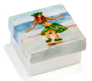 Kubla Crafts "Hula Girl Beach" Capiz Keepsake Box- 3"x3" 