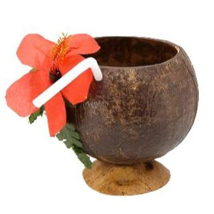 Coconut Cup with hibiscus flower and attached straw