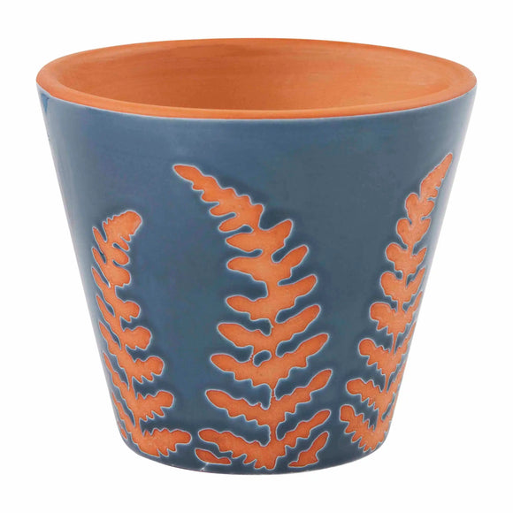 Mud Pie Blue Fern Glazed Terracotta Pot